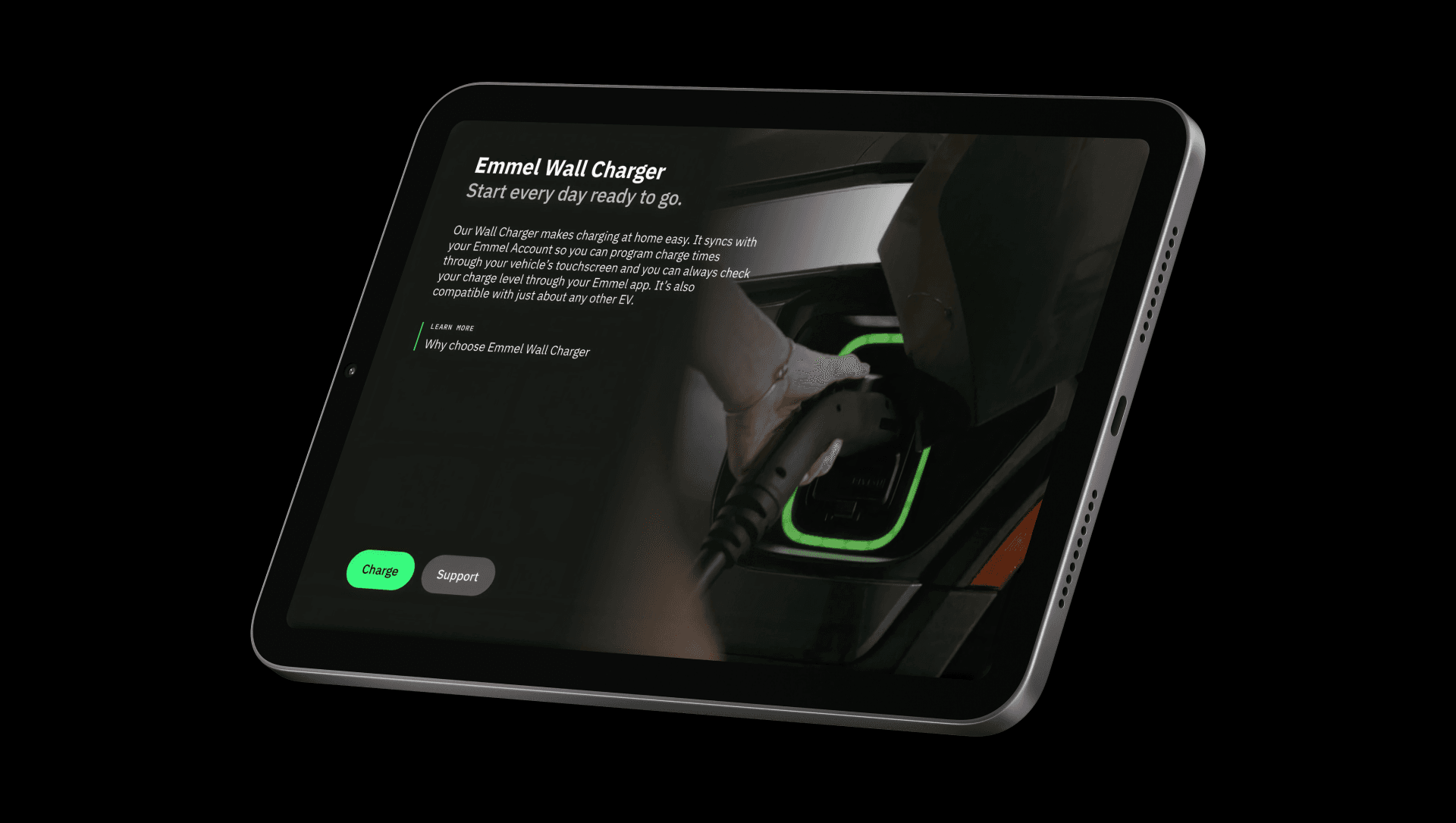 Emmel wall charger interface on a tablet