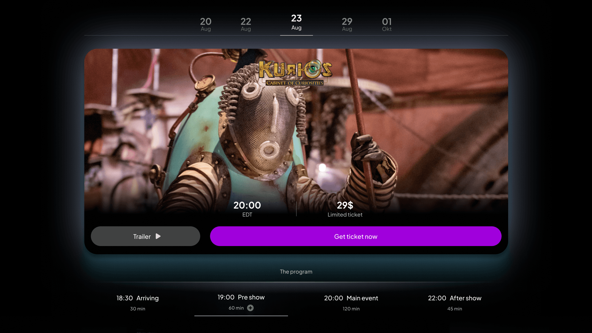 Imagien event page with date, ticket, and program