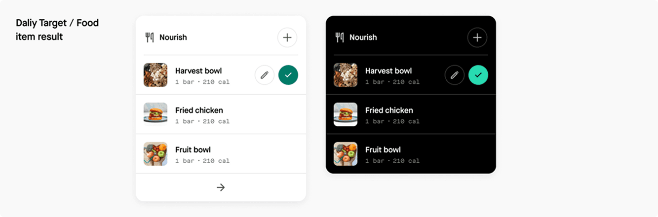 January+ daily target food list in light and dark mode