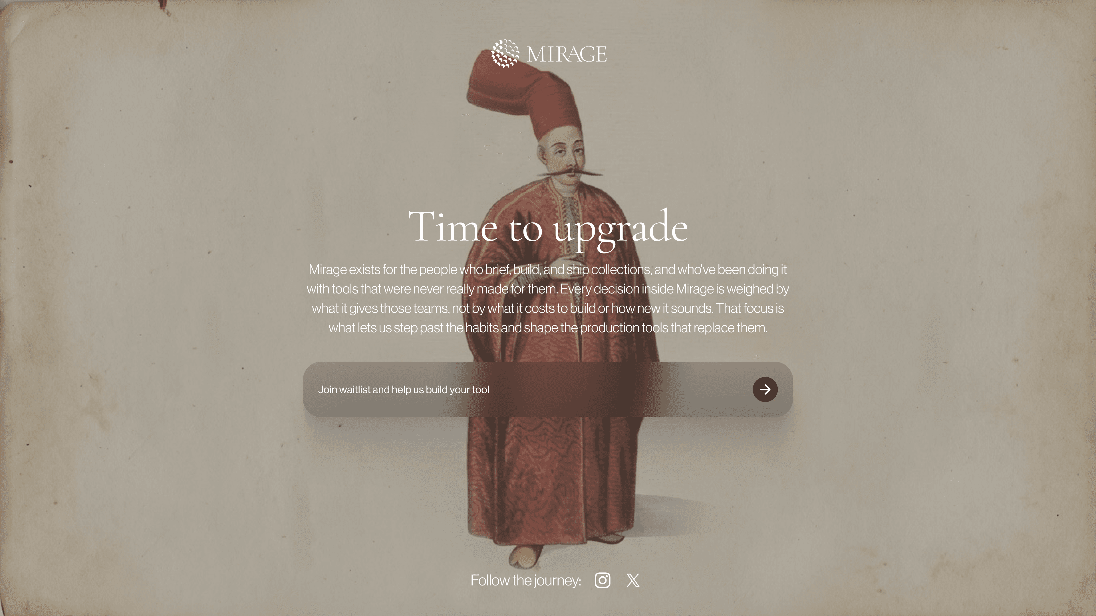 Mirage landing page with Time to upgrade