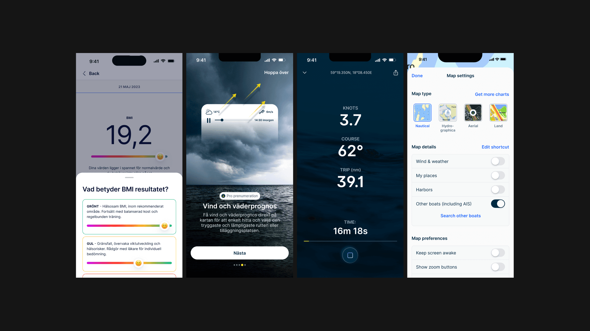 Four mobile screens for health, weather, navigation, and map settings