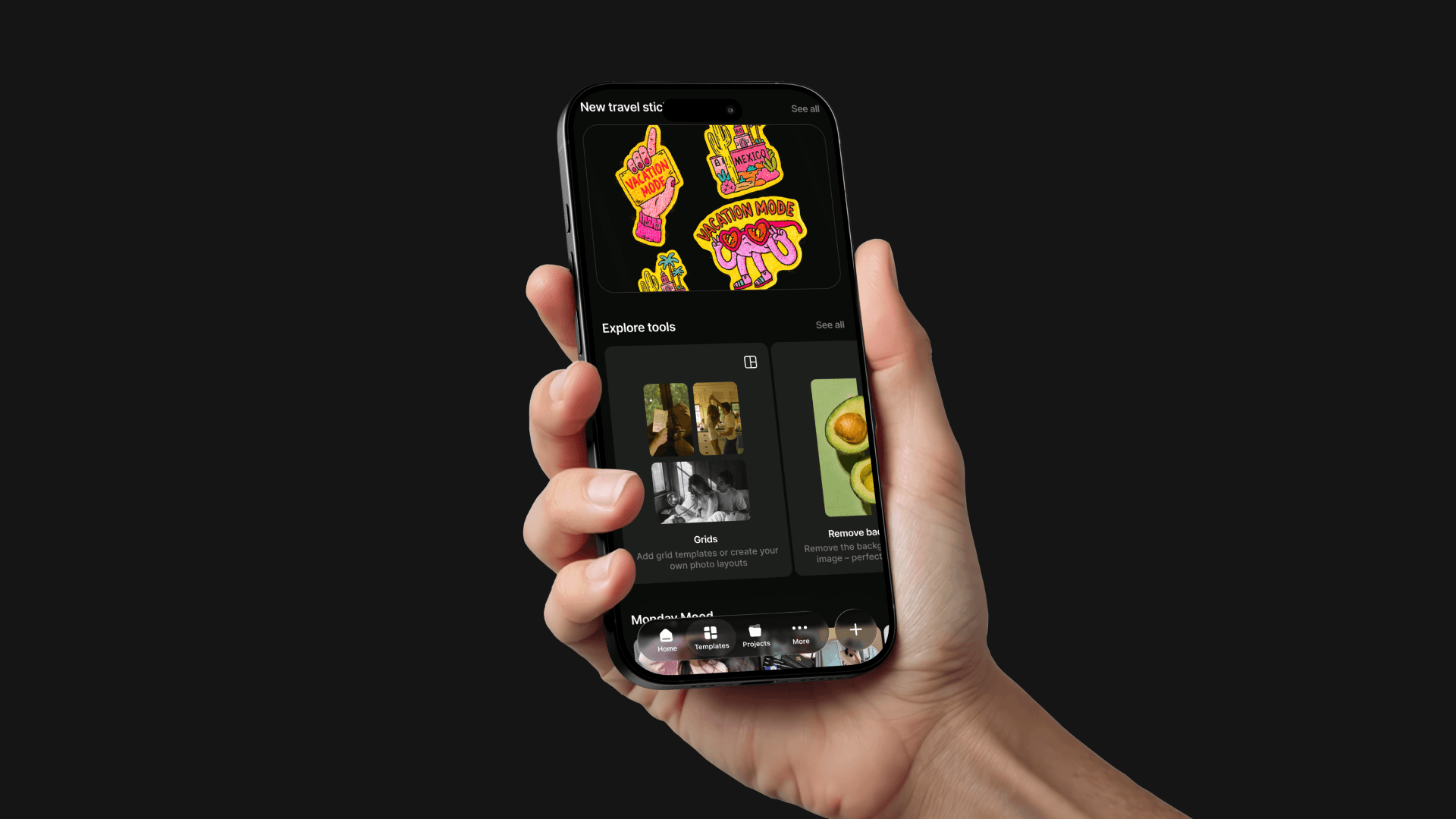 Hand holding a phone showing SCRL stickers and tools