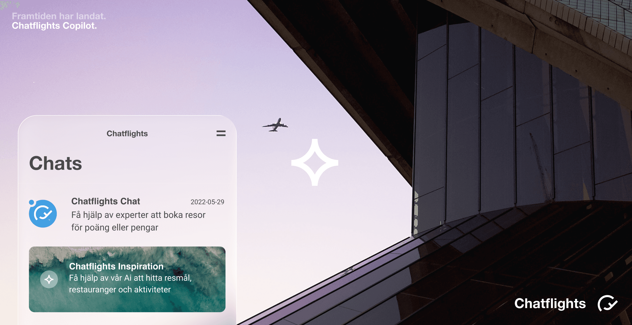 Chatflights Copilot campaign with chat list over a lavender sky
