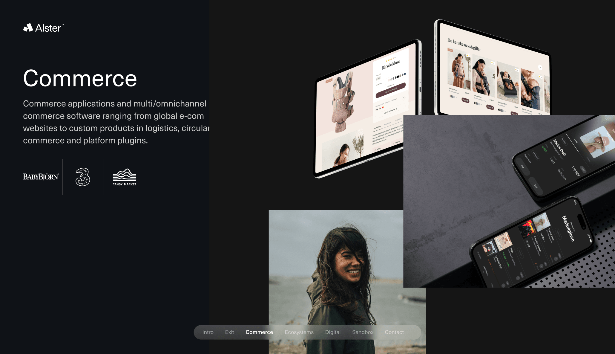 Alster Commerce page with device mockups and client logos