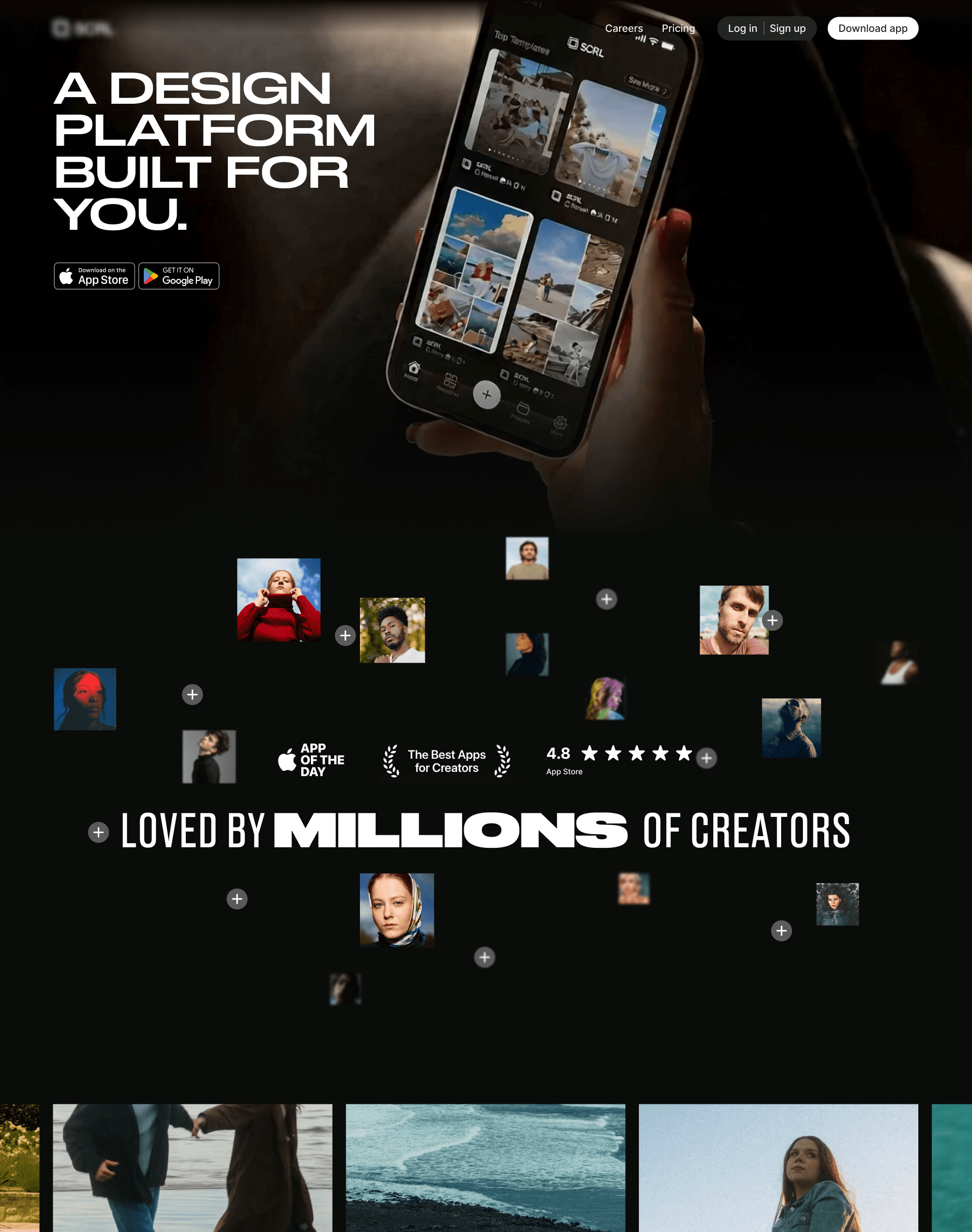 SCRL landing page with hero, creator community, and photo gallery