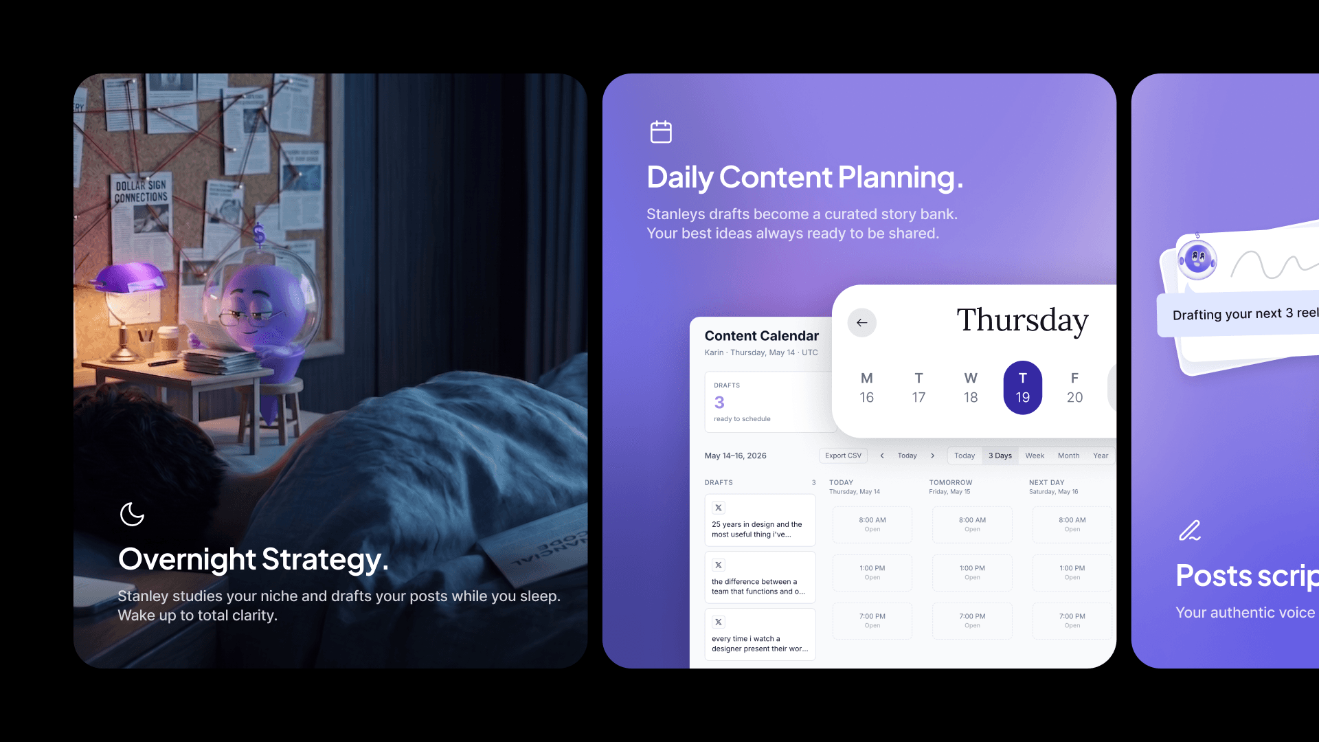Stan site cards for overnight strategy and daily planning